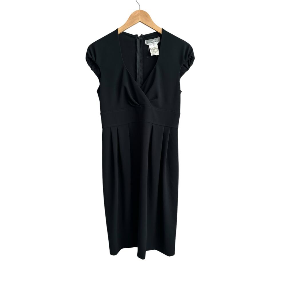 Max Mara Black Cap Sleeve Knee Length Surplice V Neck Dress Size 38 Small